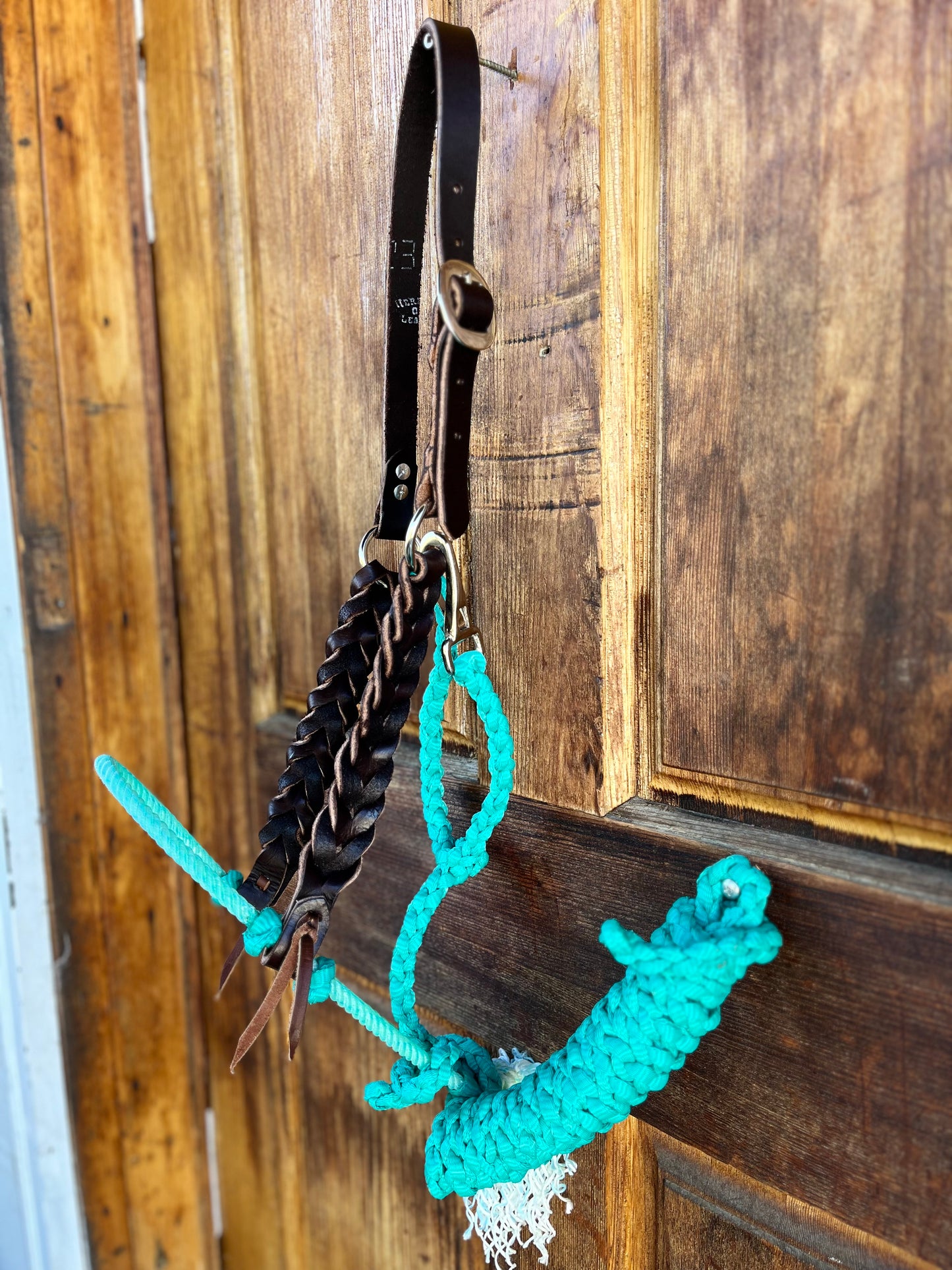 Teal lariat halter set with braided leather cheeks