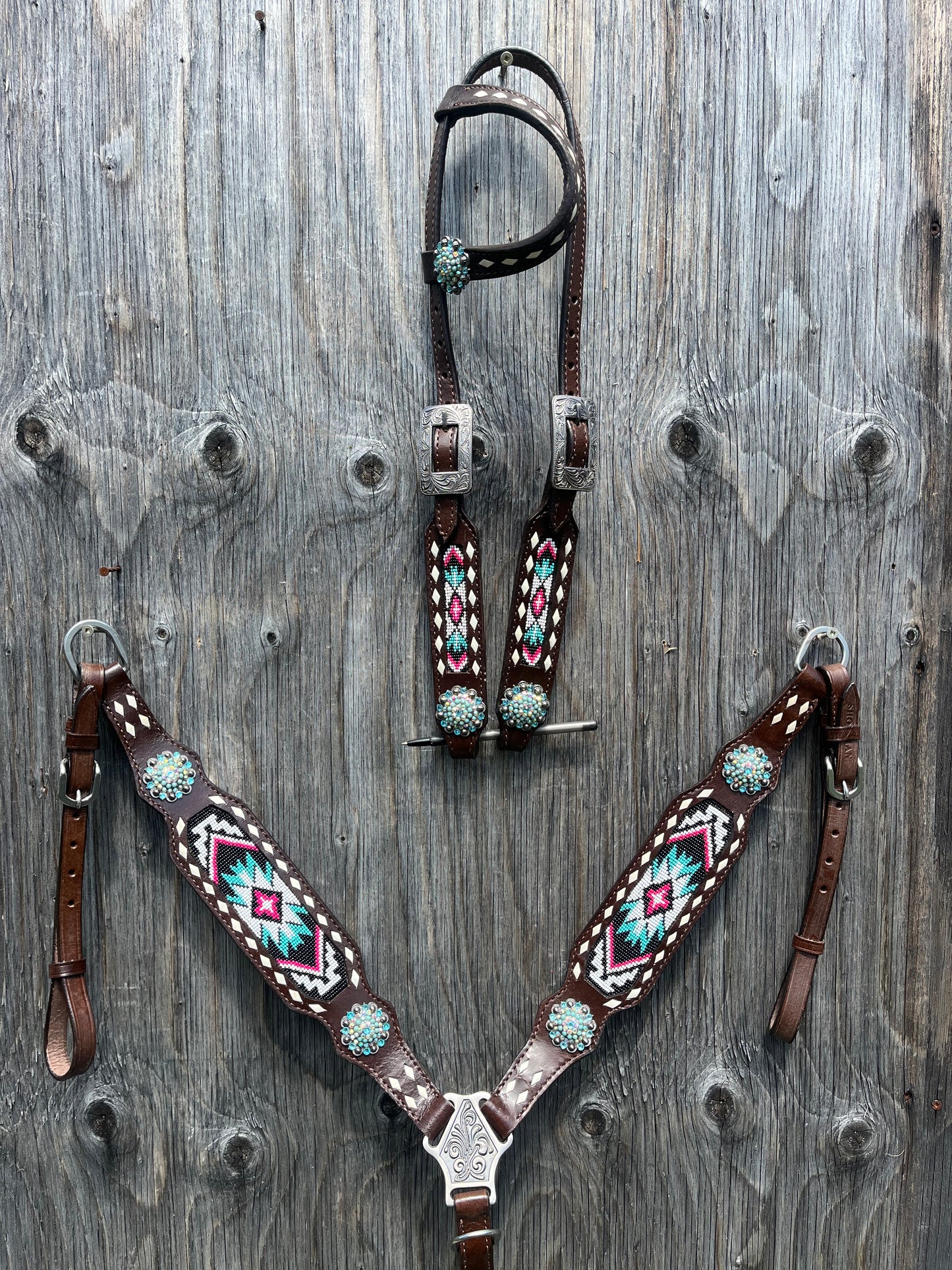 Beaded pink and teal tack set
