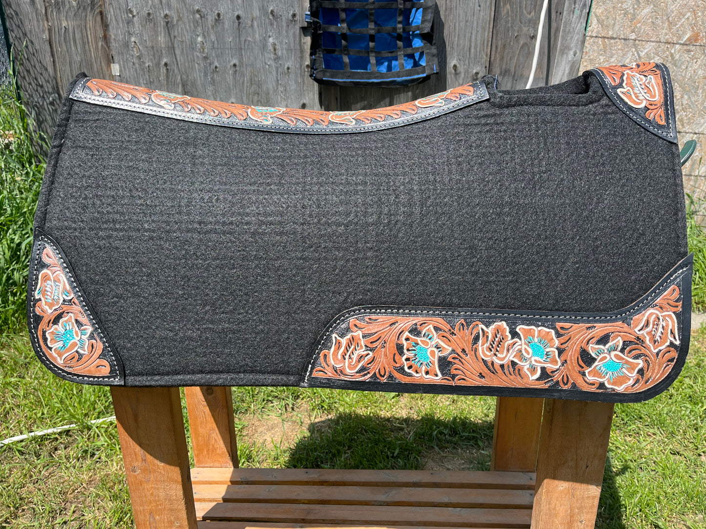 32” black wool flower leather tooled pad