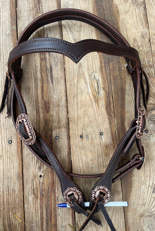 Supple leather V browband copper hardware headstall