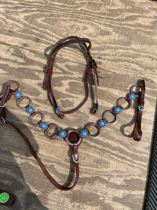 Blue browband ring tack set large horse or cut / adjust tugs to fit smaller horses