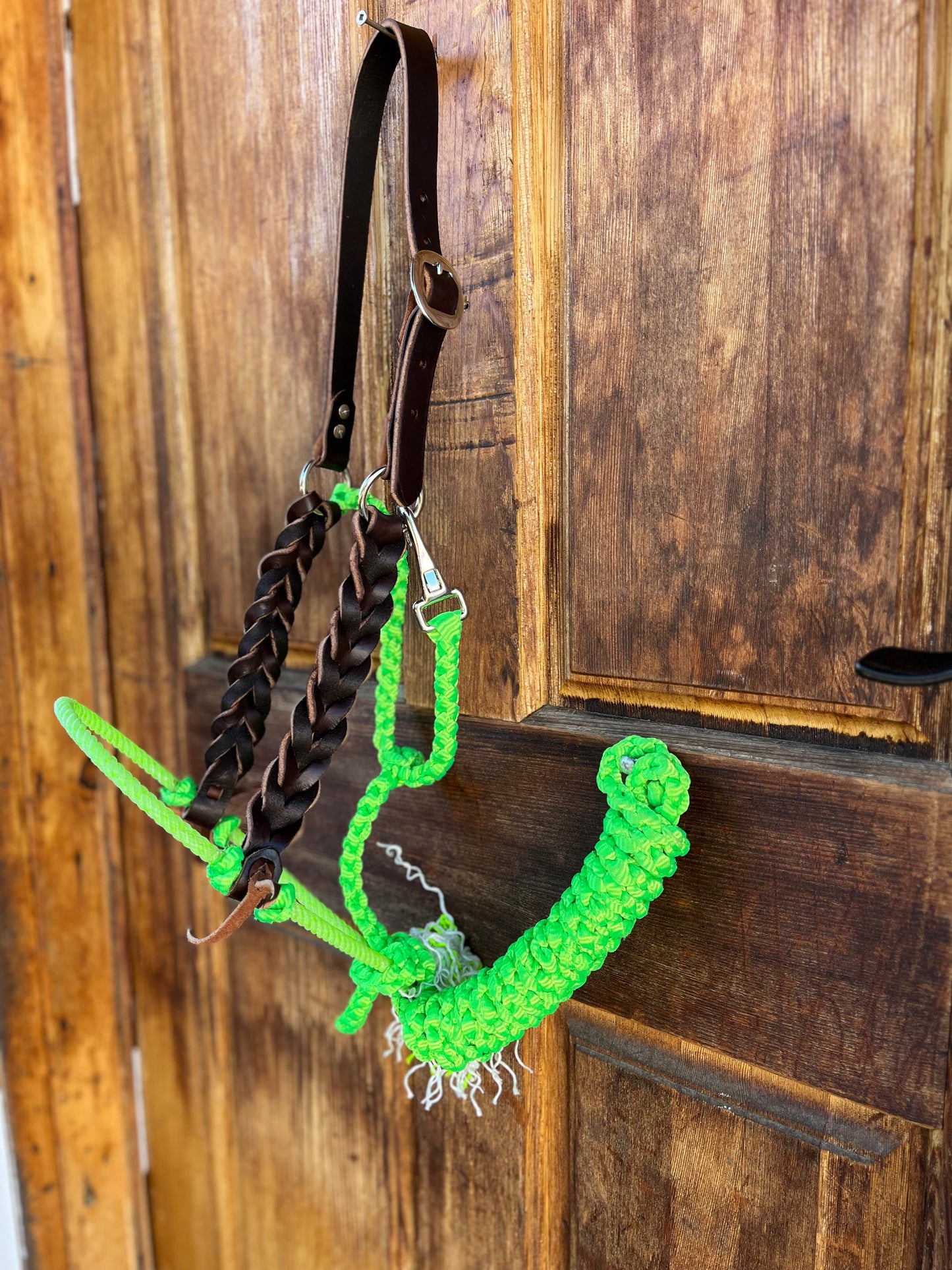 Green braided leather lariat halter set