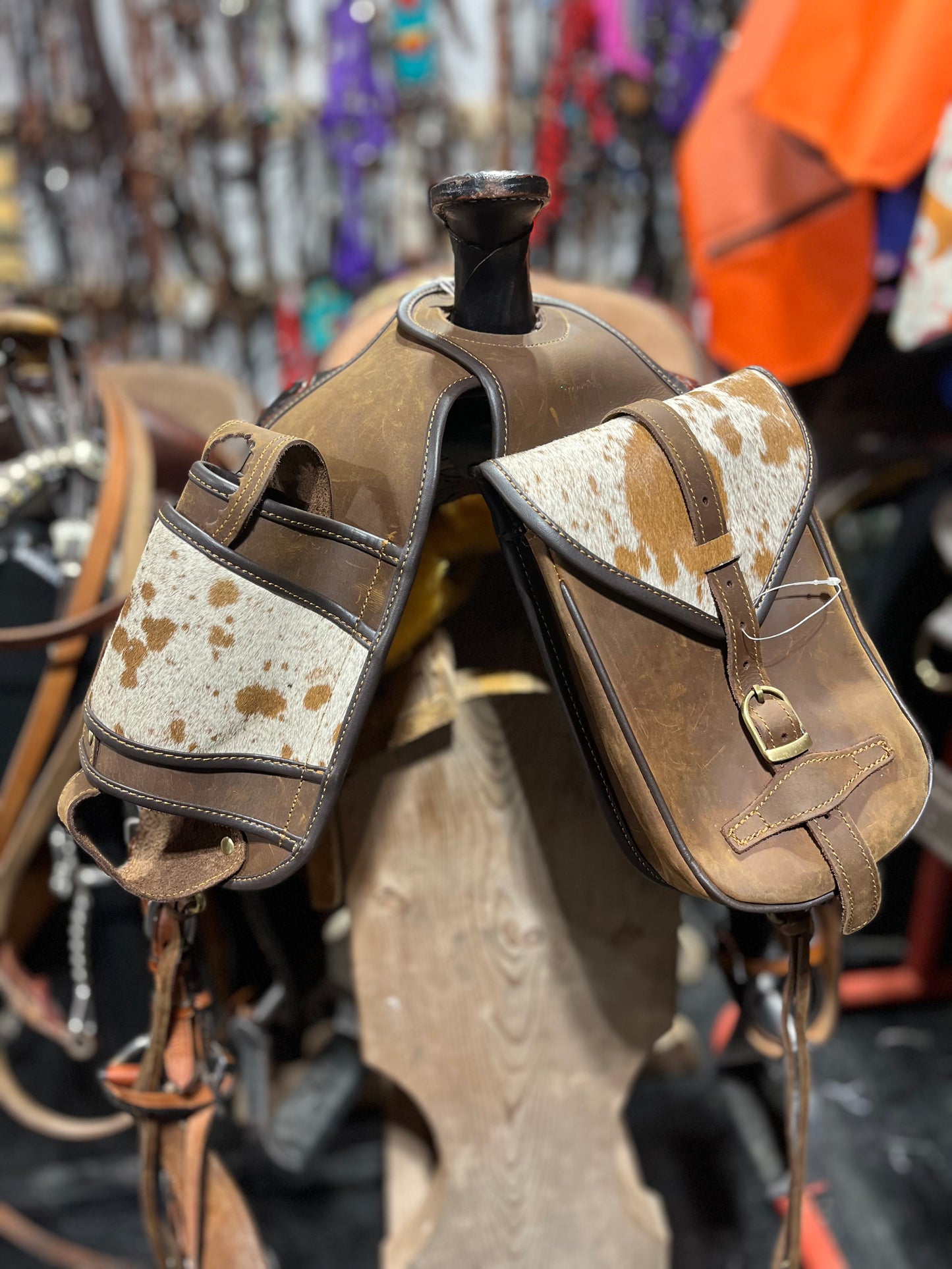 Leather cowhide horn bag with bottle holder