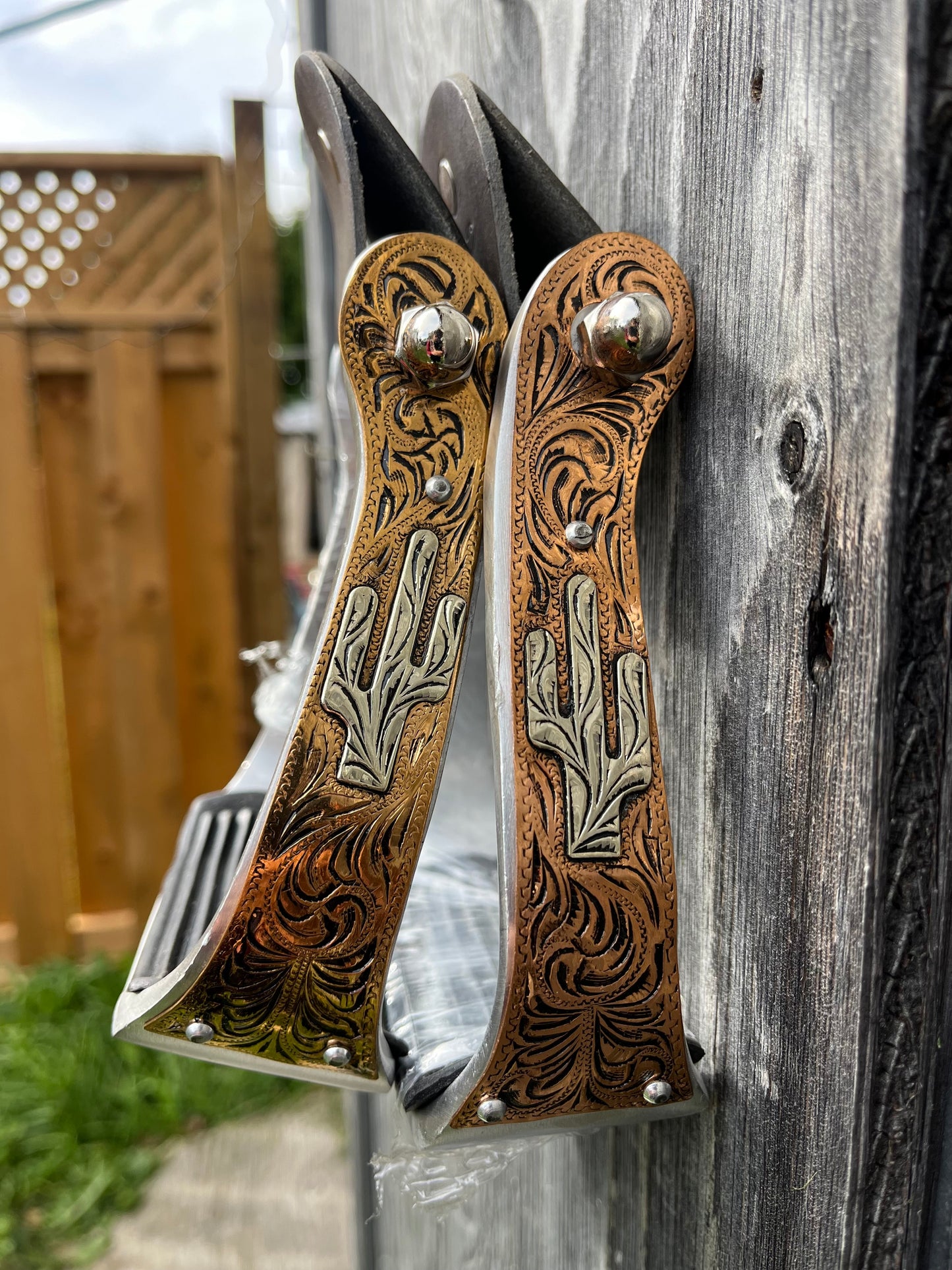 Copper cactus engraved stirrups