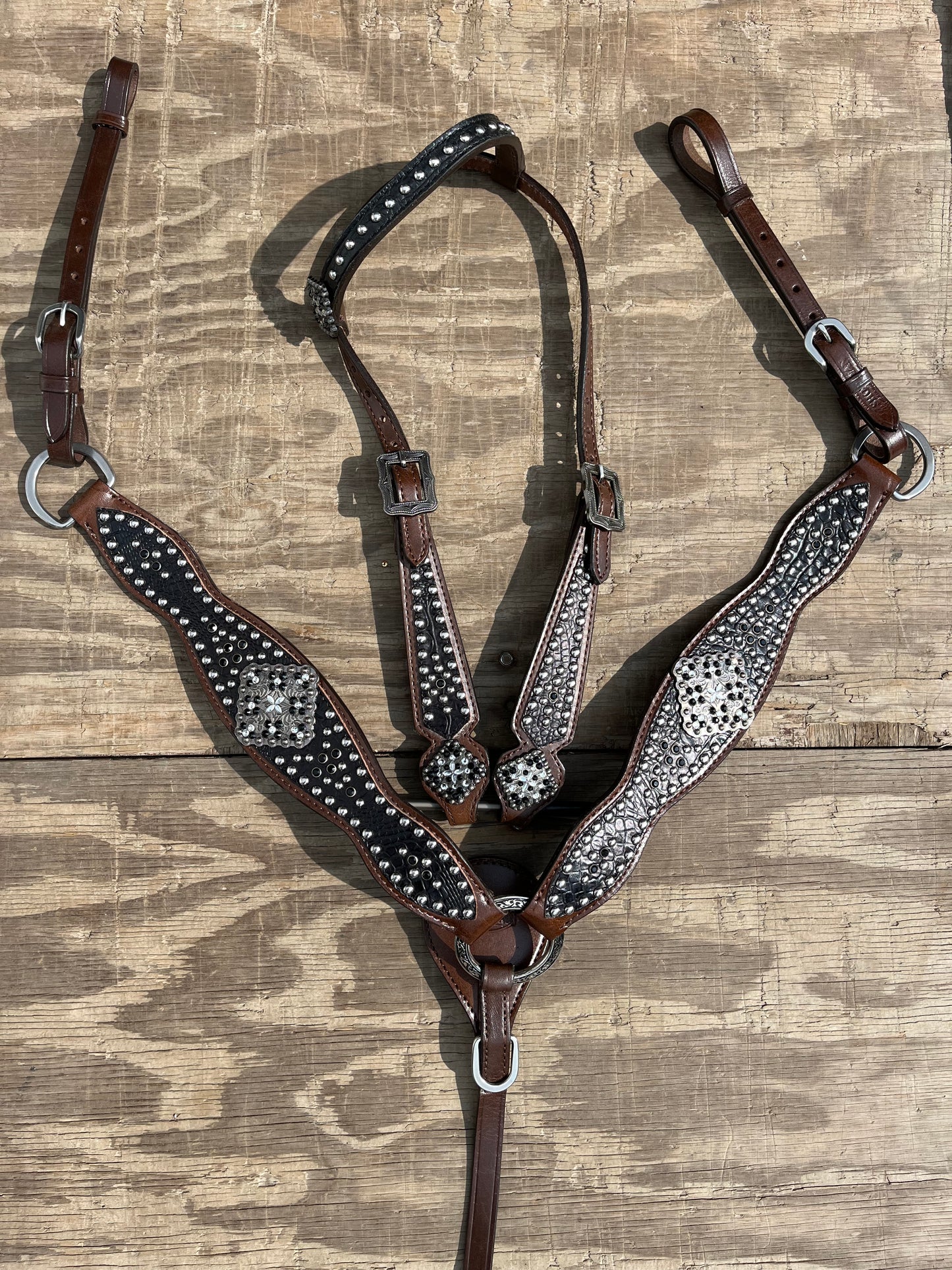 Fancy black croc print one ear tack set with fancy hardware and silver spots