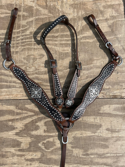 Fancy black croc print one ear tack set with fancy hardware and silver spots