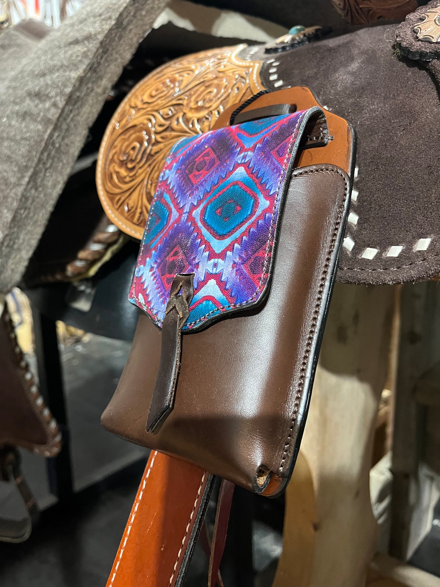 Aztec leather rear cinch phone bag