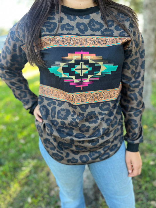 Leapord Aztec crewneck, these fit roomy