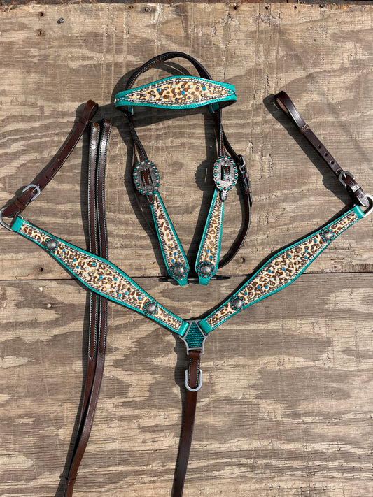 Teal cheetah browband tack set