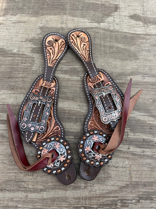 Tooled fancy buckle spur straps