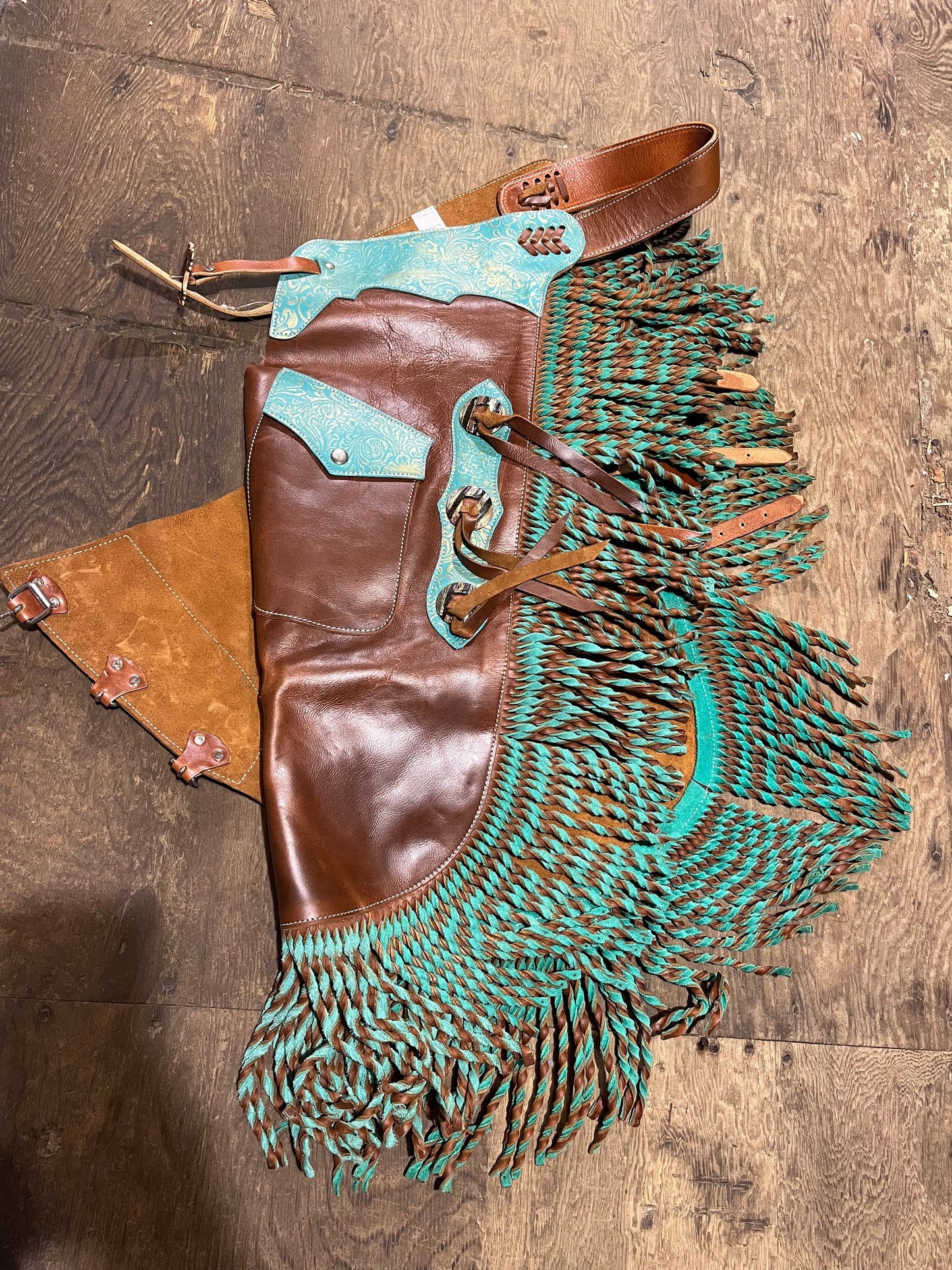 Ladies medium teal brown western chinks