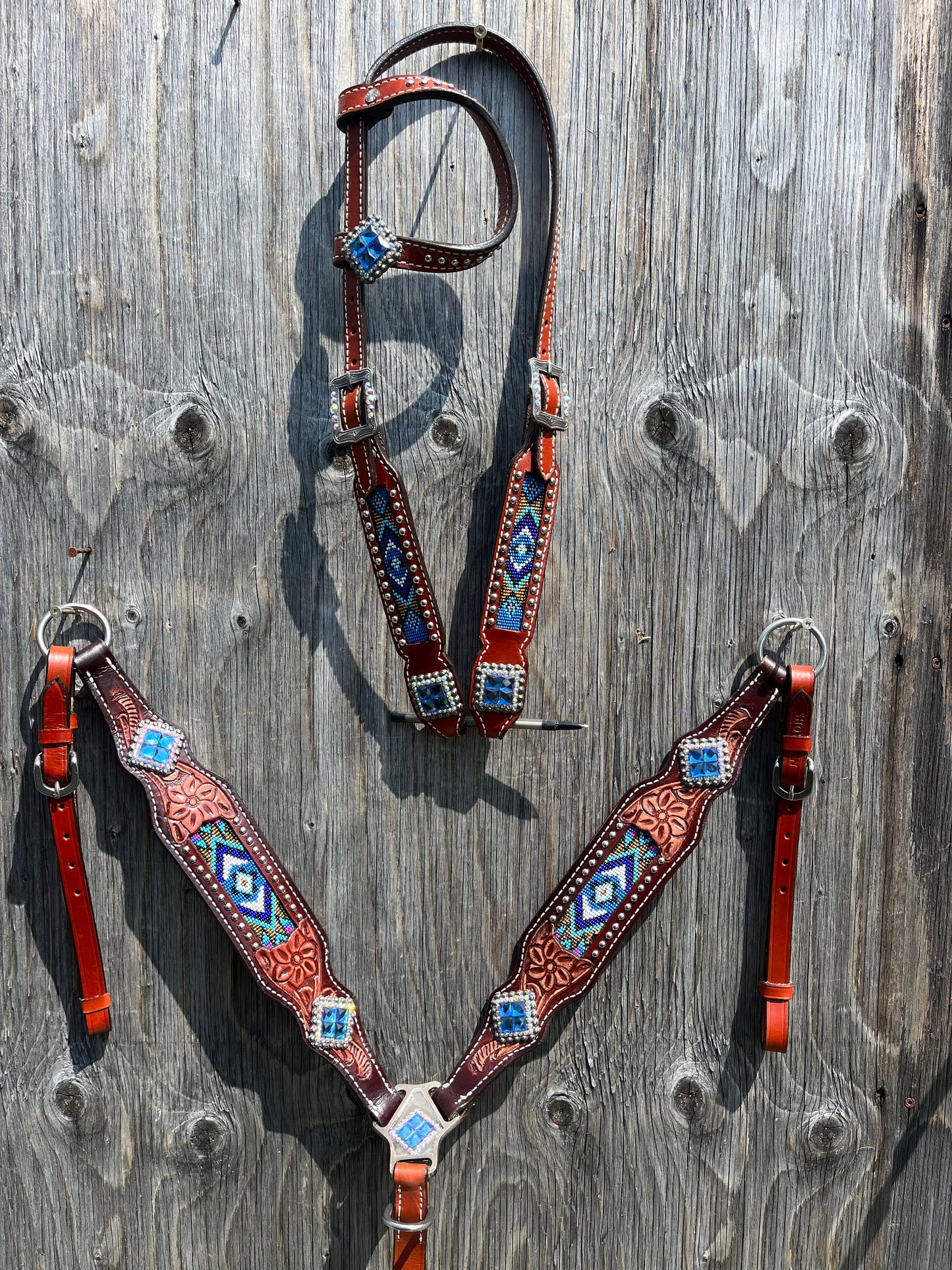 Blue beaded tack set