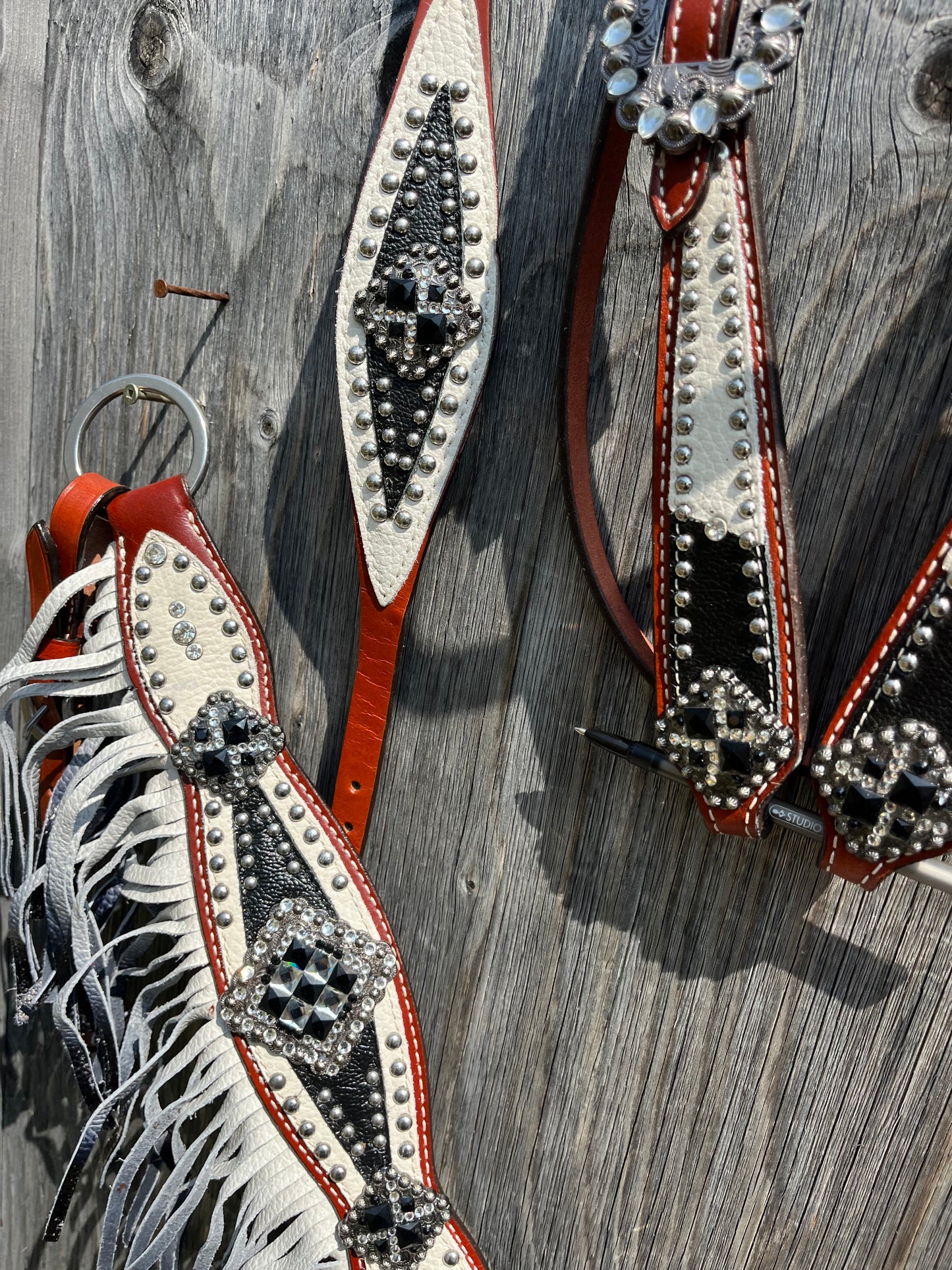 3 piece black and white browband tack set with matching wither strap