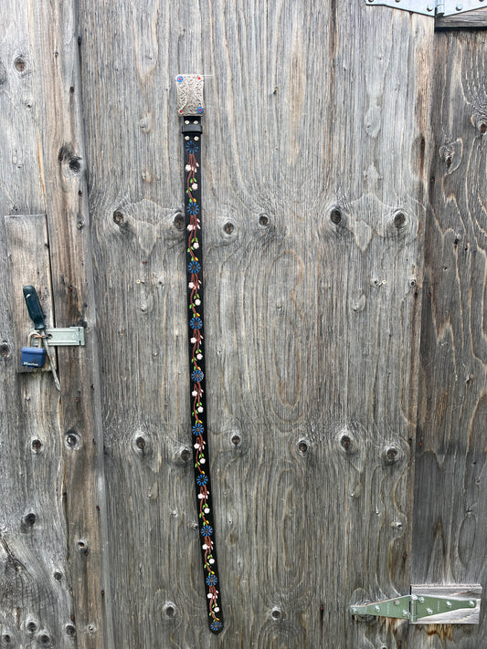 Flower riding belt entire length including buckle measures 49”