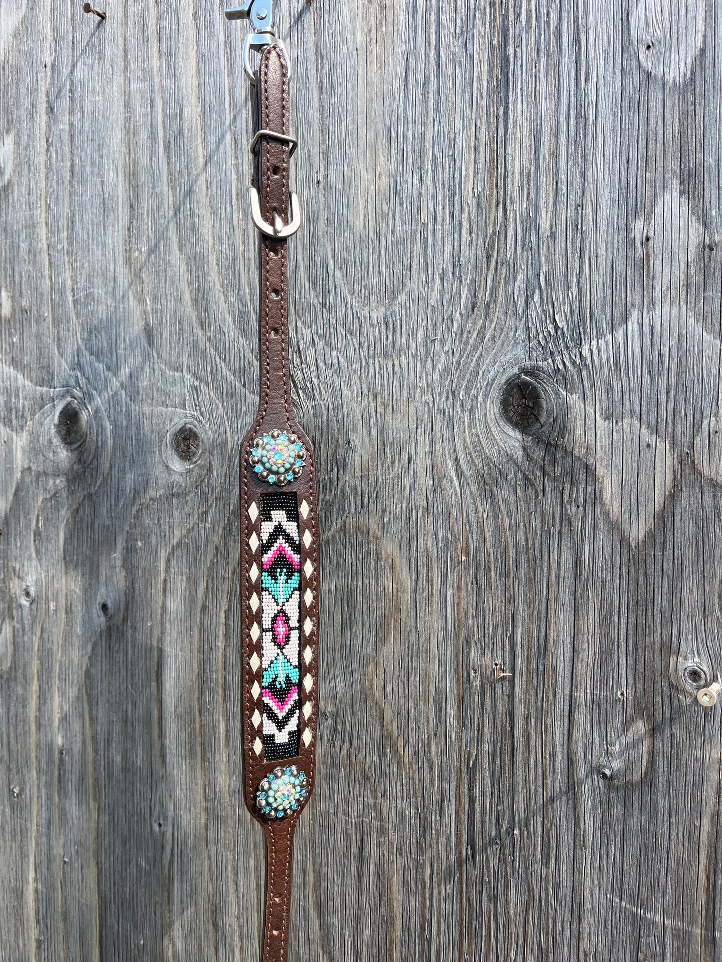 Teal pink black beaded wither strap