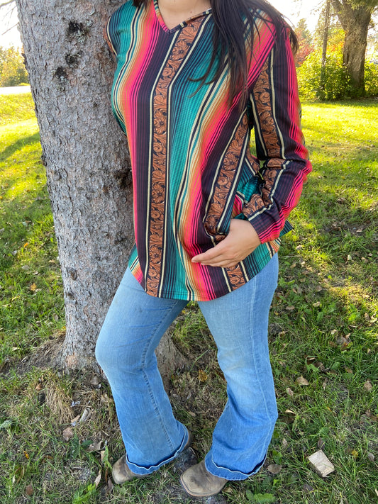 Serape with floral tooling hoody, medium. These fit roomy close out!