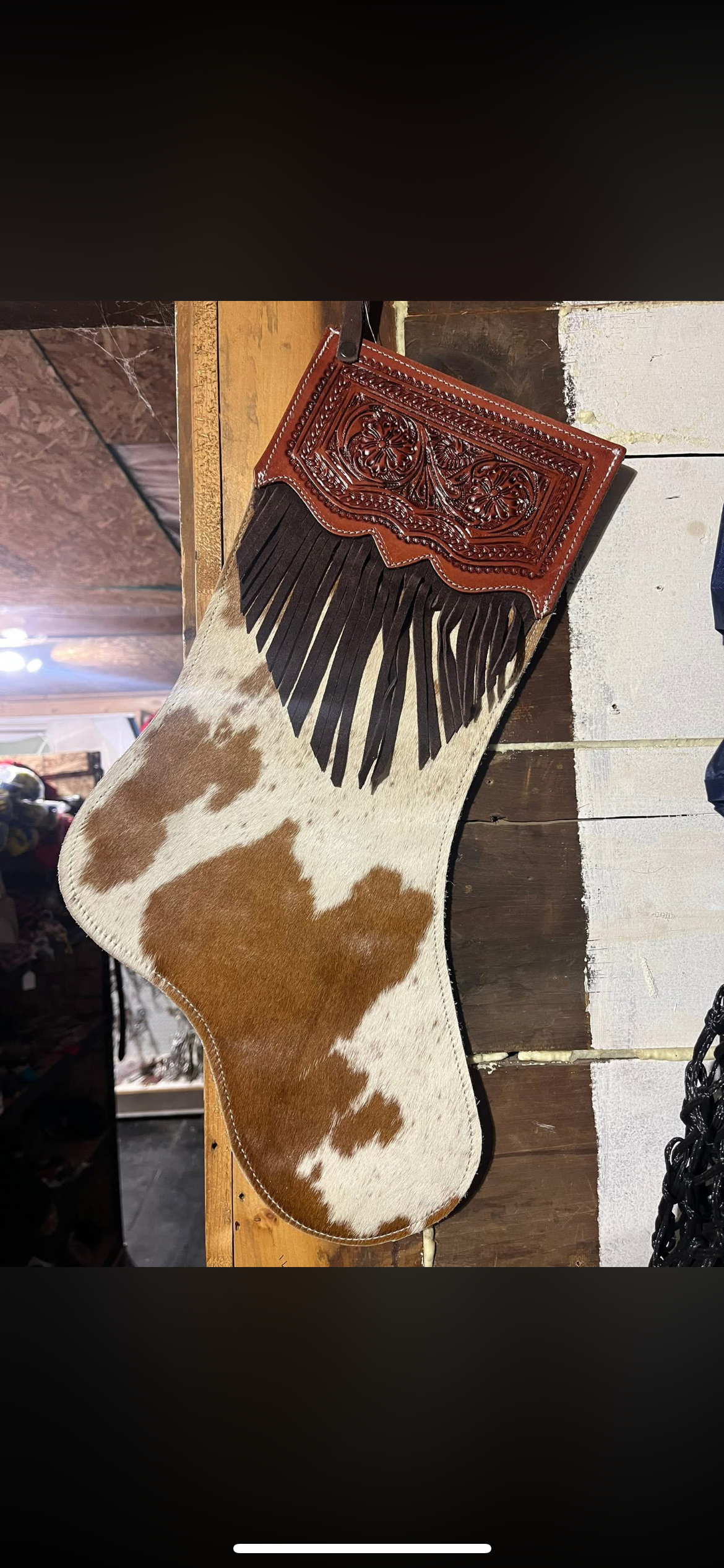 Cowhide stocking with fringe