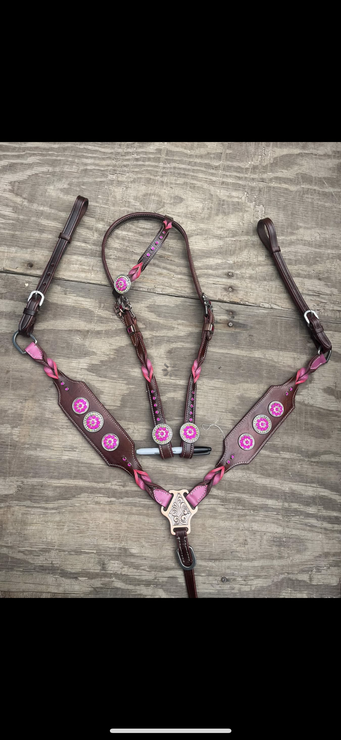 Pink braided tack set large horse or cut tugs to fit small horse