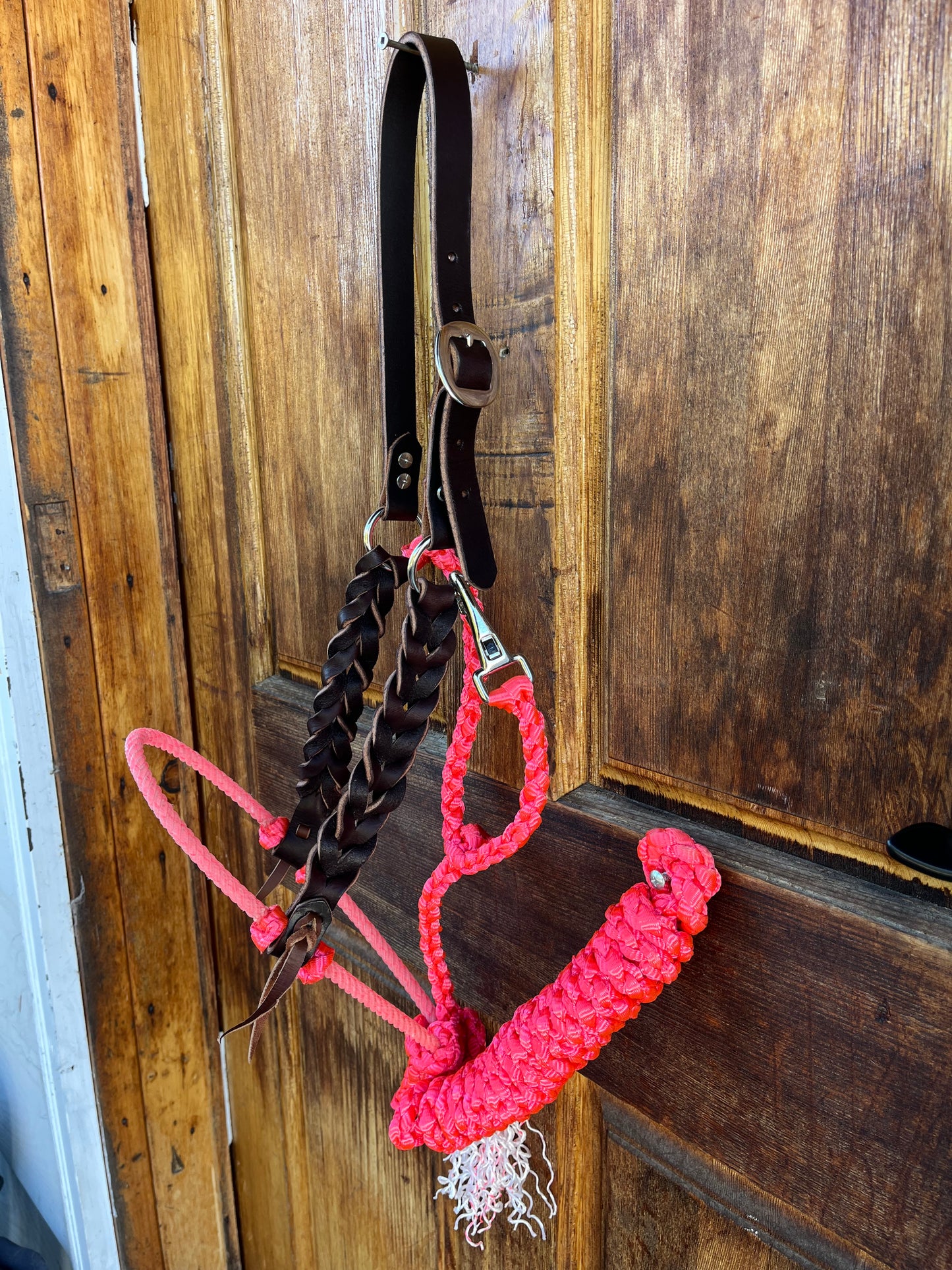 Pink lariat with Muletape halter set with braided leather cheeks