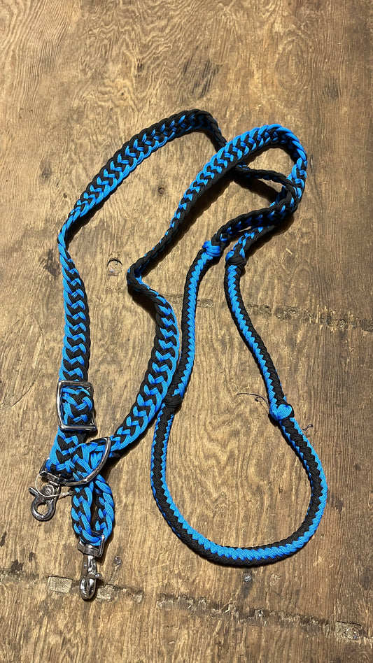 Blue and black adjustable braided barrel reins with snaps