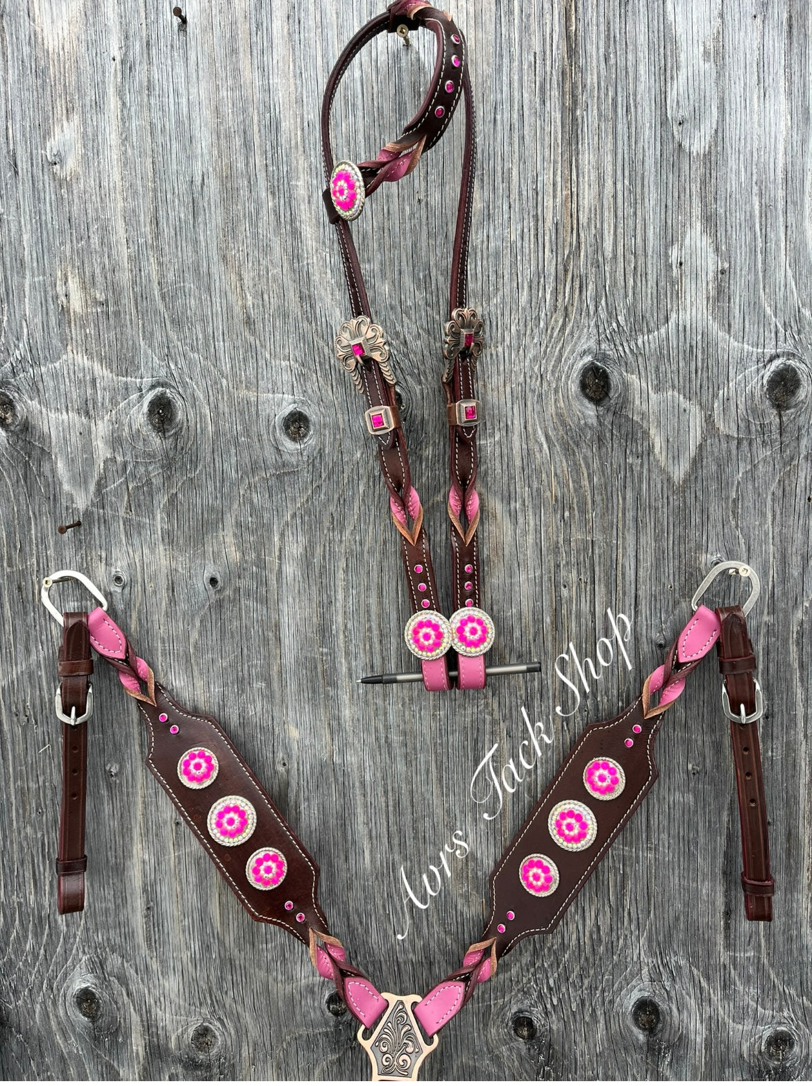 Pink braided bling concho one ear tack set