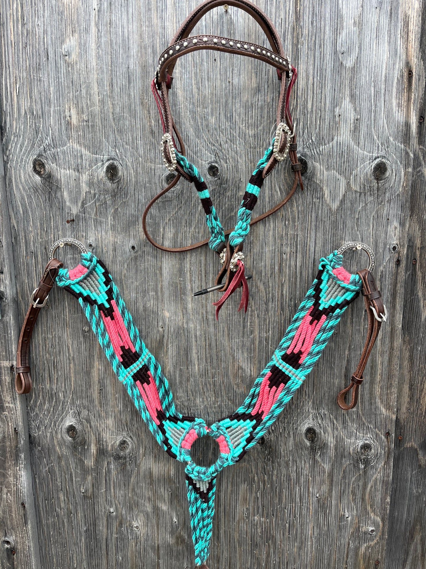 Pink and teal corded browband tack set