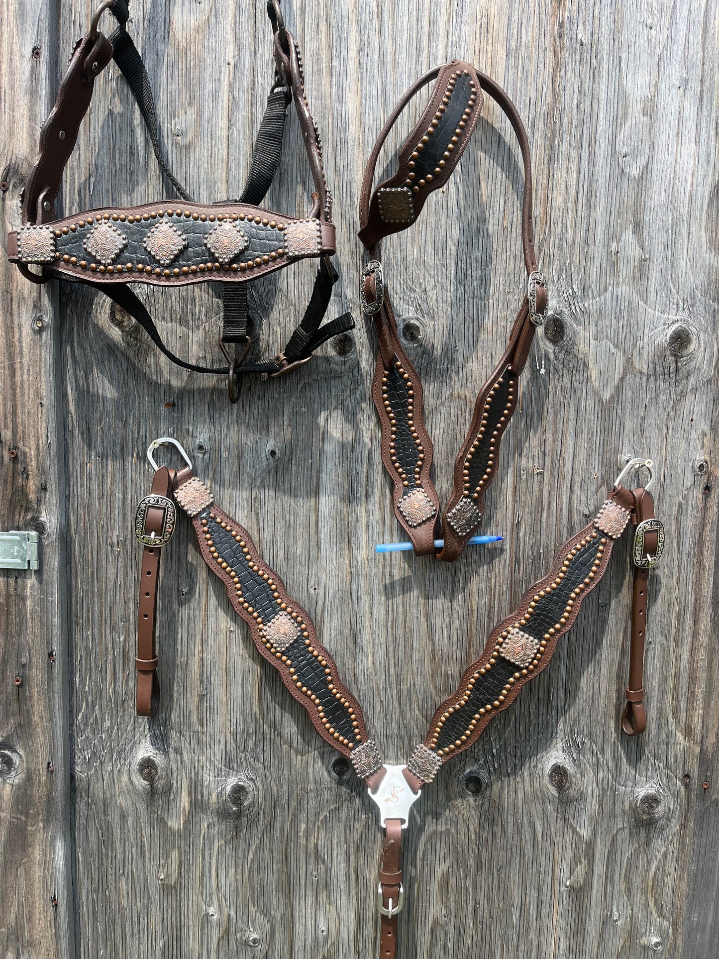 Black 3 piece tack set headstall breastplate and bronc halter