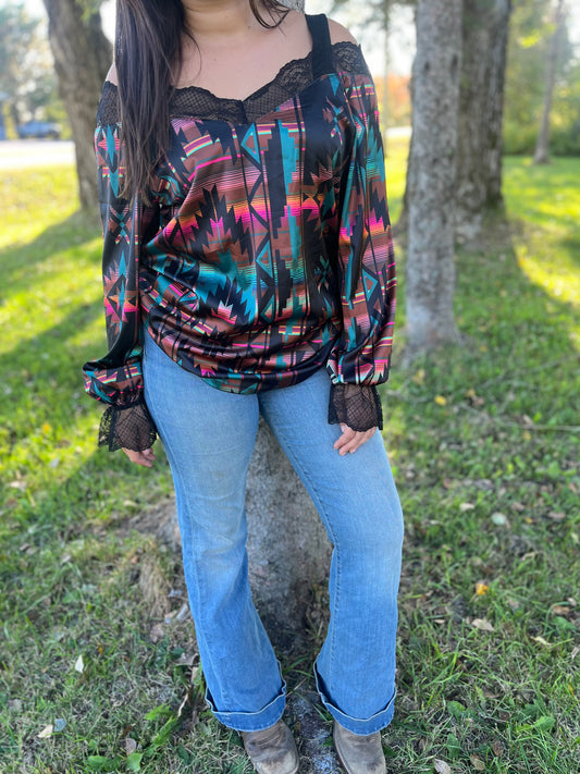 Pretty Aztec off the shoulder with black lace long sleeve. These fit roomy