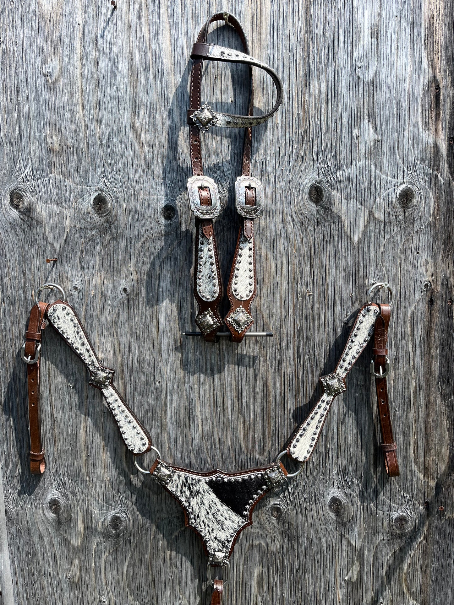 Hair on cowhide gladiator style tack set