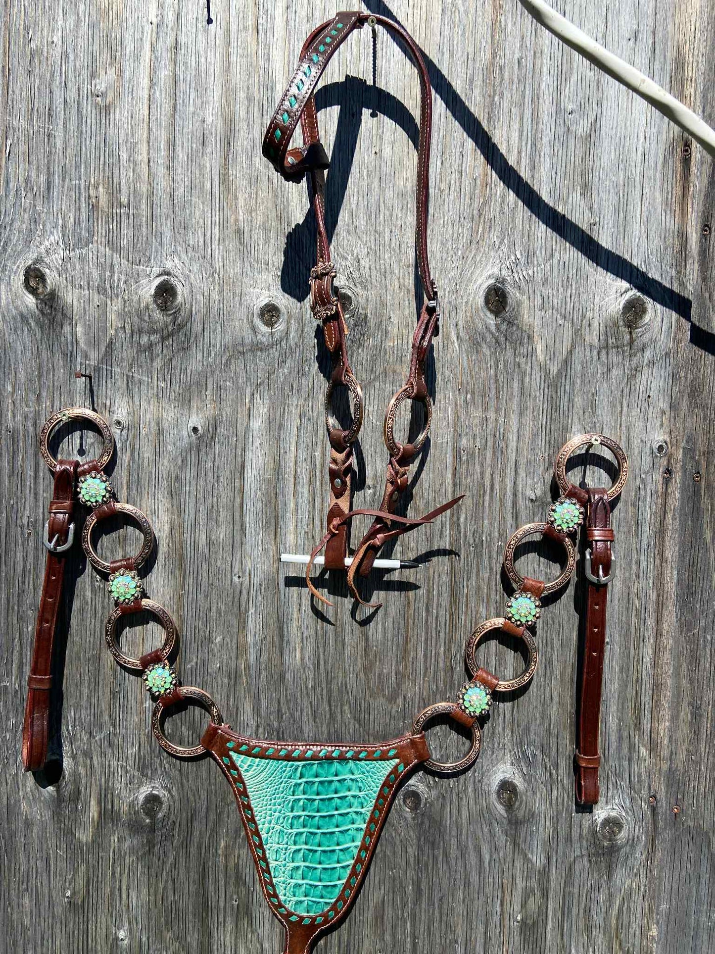 Teal ring gladiator tack set fits larger horses best, you’d need to cut, or replace tugs to fit the smaller guys.
