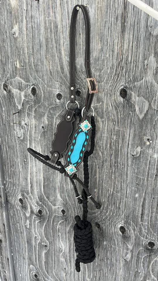 Turquoise black lariat nose hybrid halter with lead