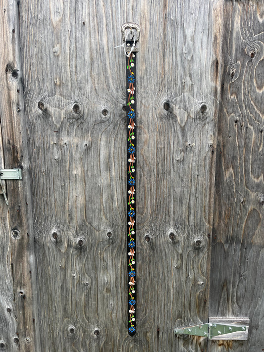 Flower Riding belt with engraved buckle measures 46” total with buckle