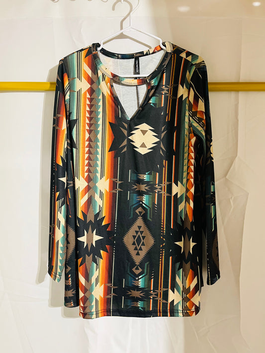 V neck long sleeve small Aztec blouse roomy fit unisex sizing