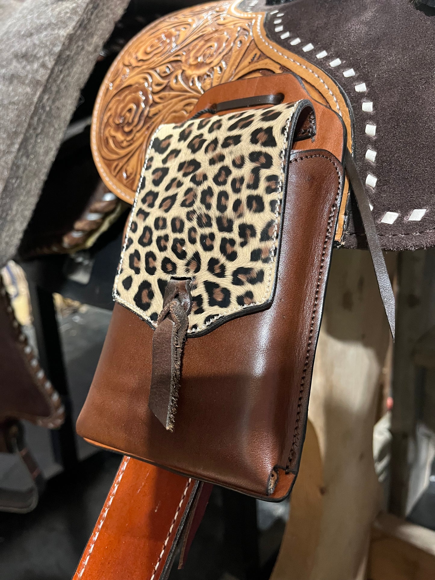 Cheetah print rear cinch leather phone saddle bag