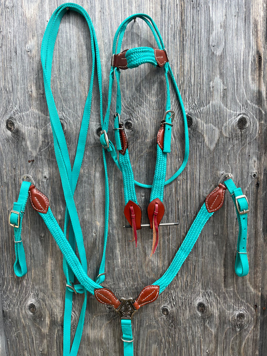 Teal nylon flat braided tack set with split reins