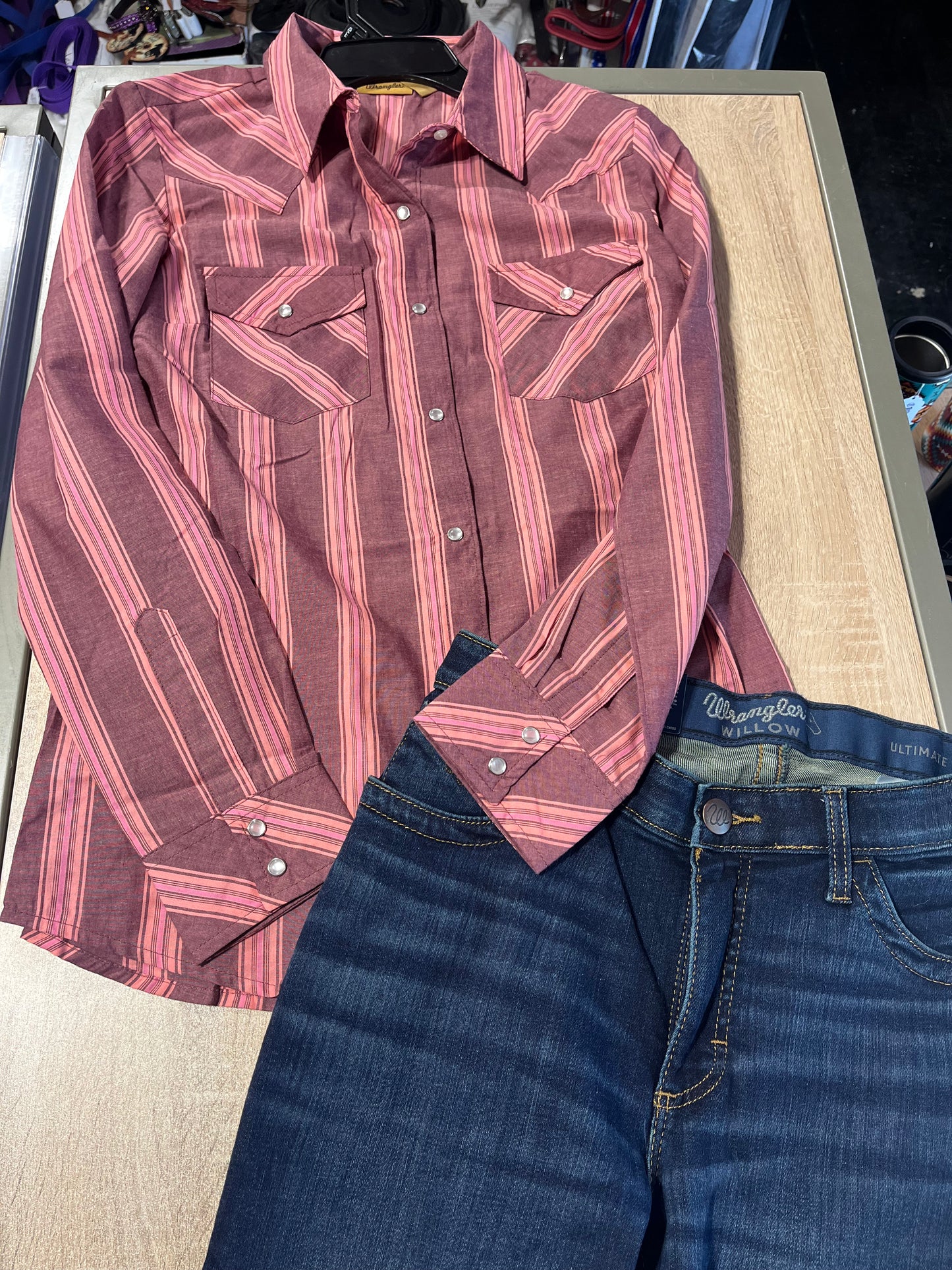 Wrangler pink and purple striped snap button up