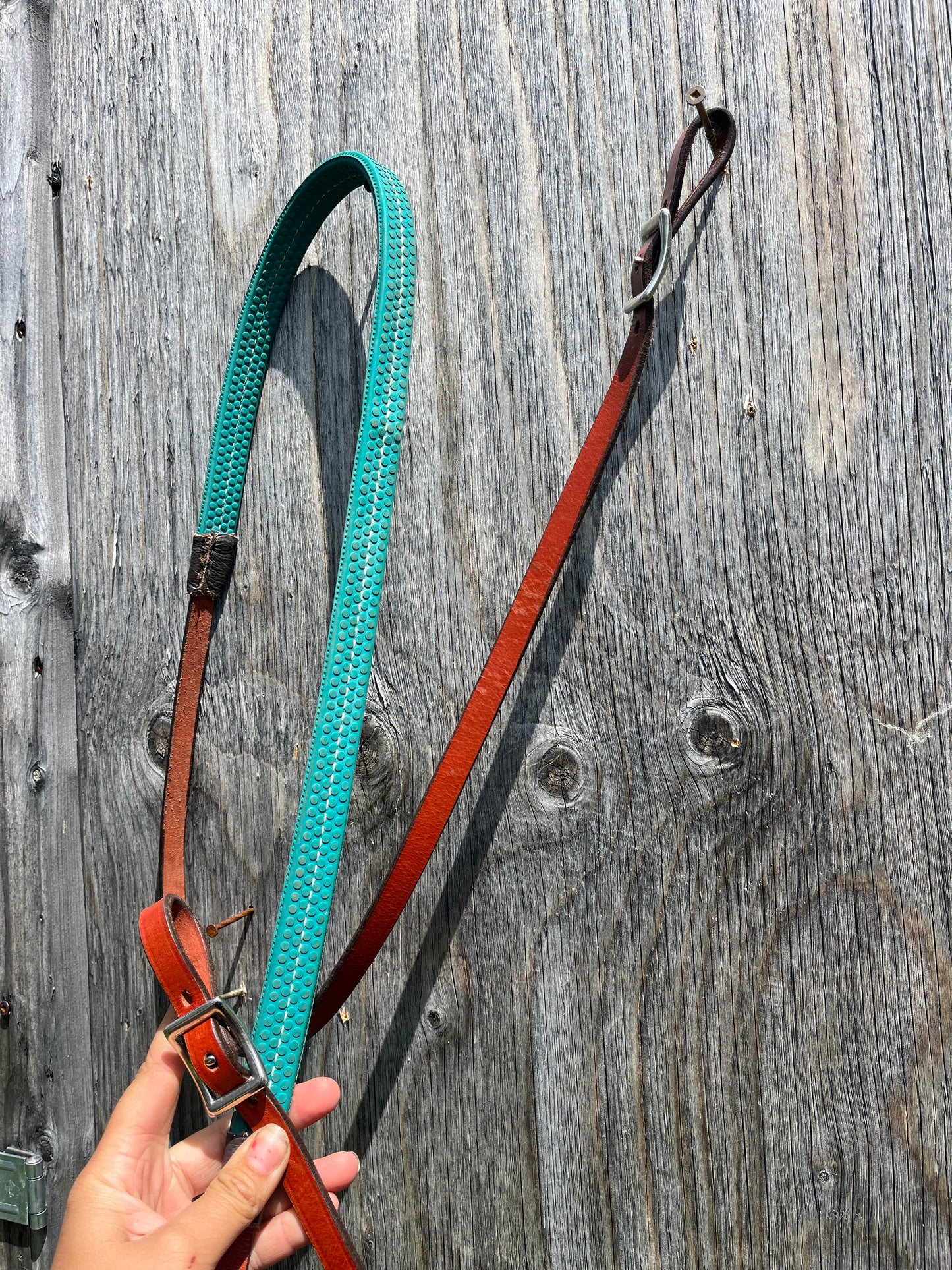Gently used/ used once teal rubber grip barrel reins