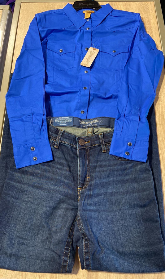 Wrangler royal blue long sleeve snap button up