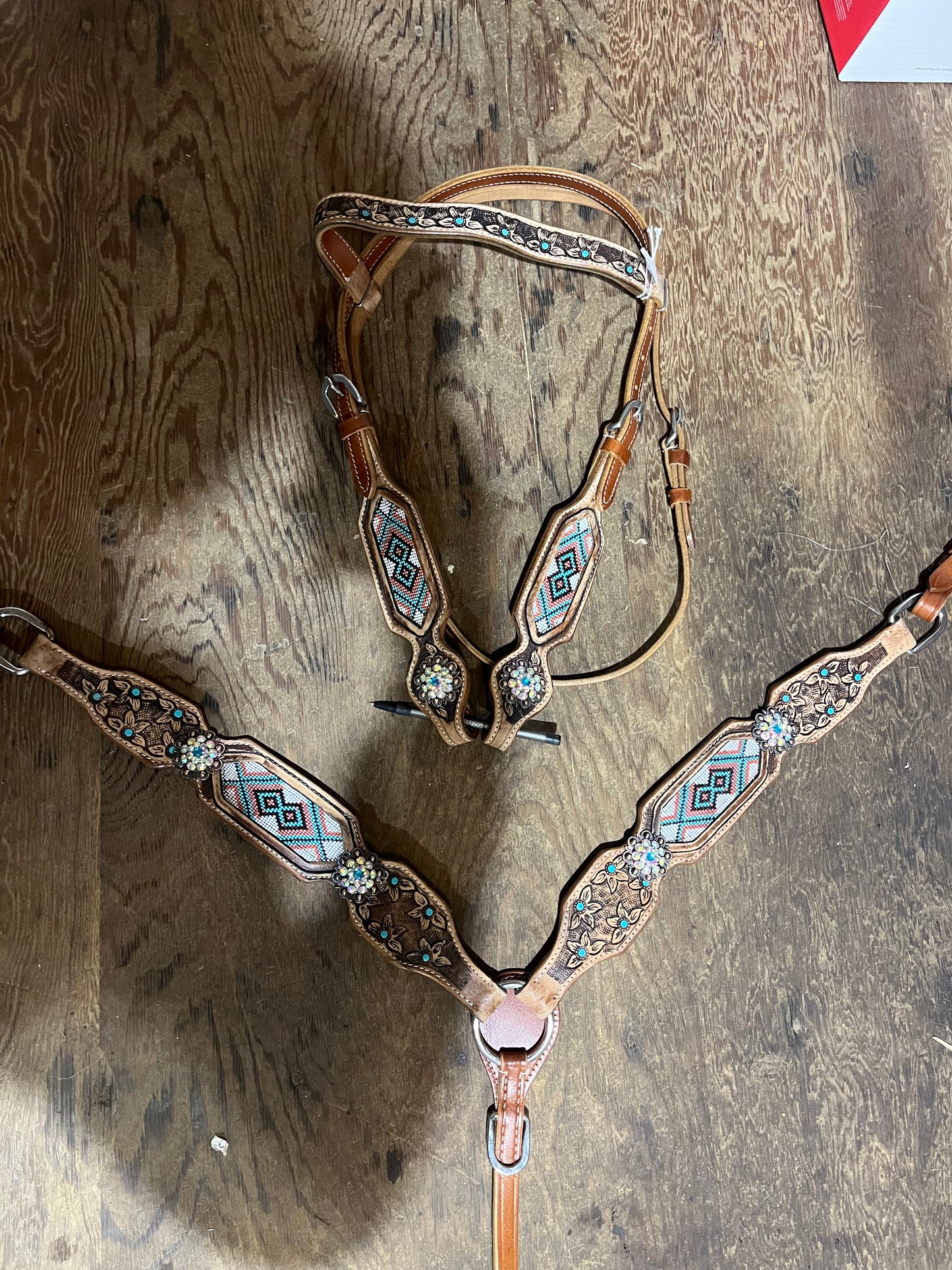 Teal and peach browband tack set