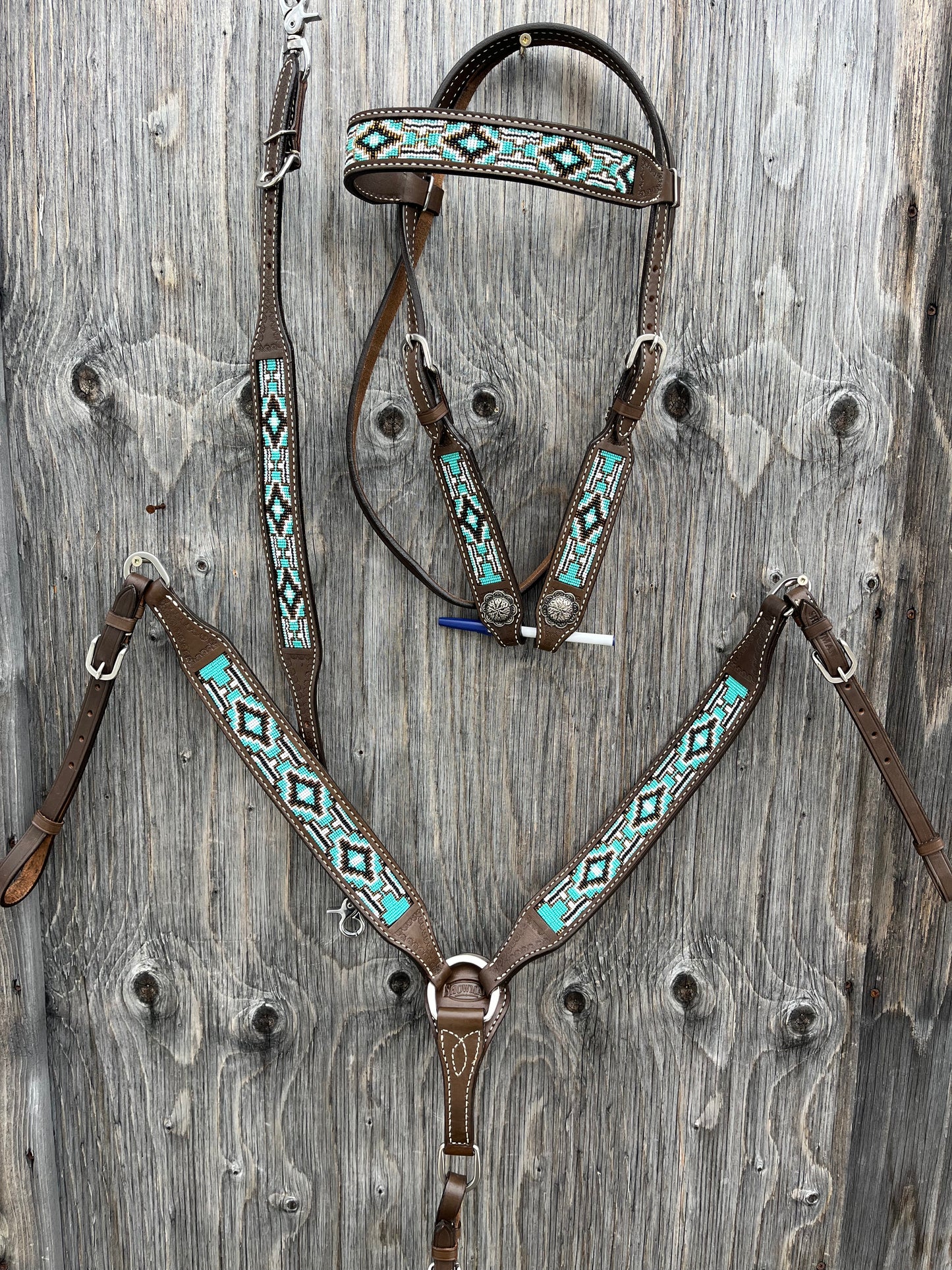 Beaded browband teal 3pc tack set with matching wither strap