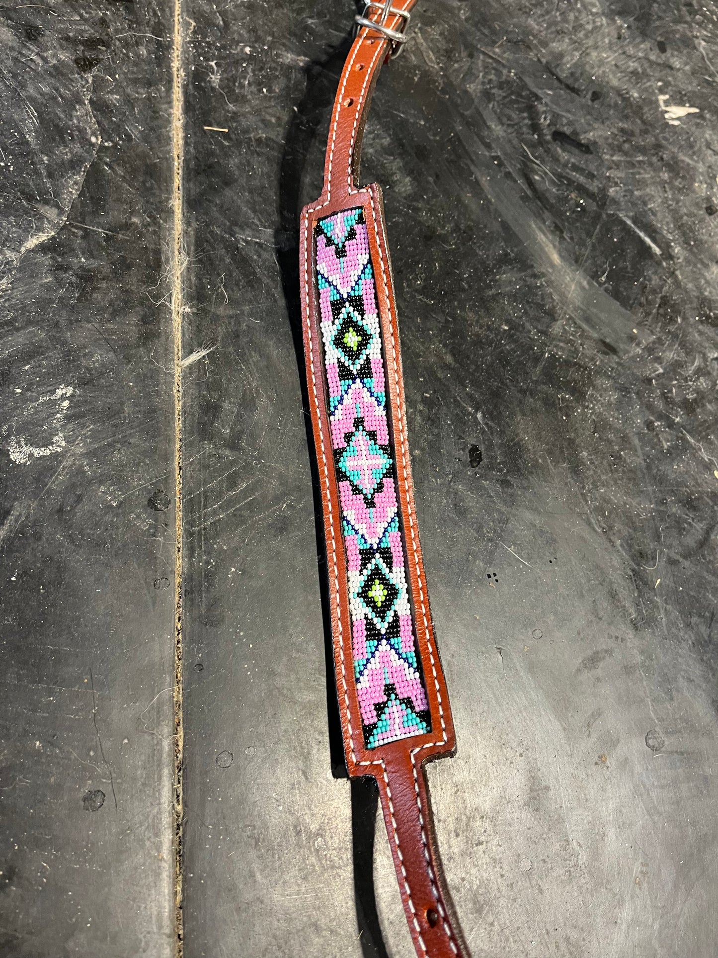 Beaded pink & teal one ear tack set comes with matching wither strap
