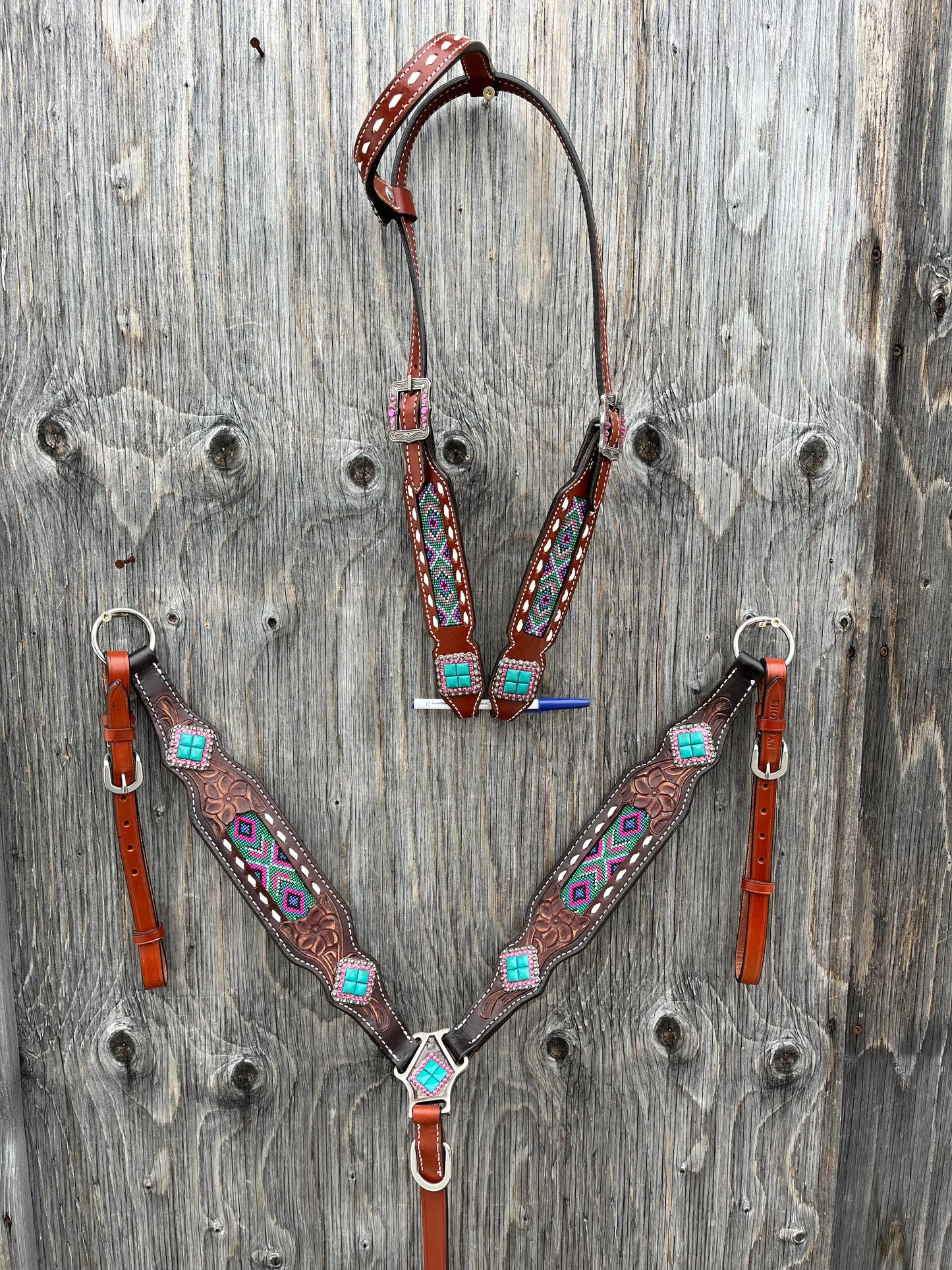 Beaded pink and green one ear tack set