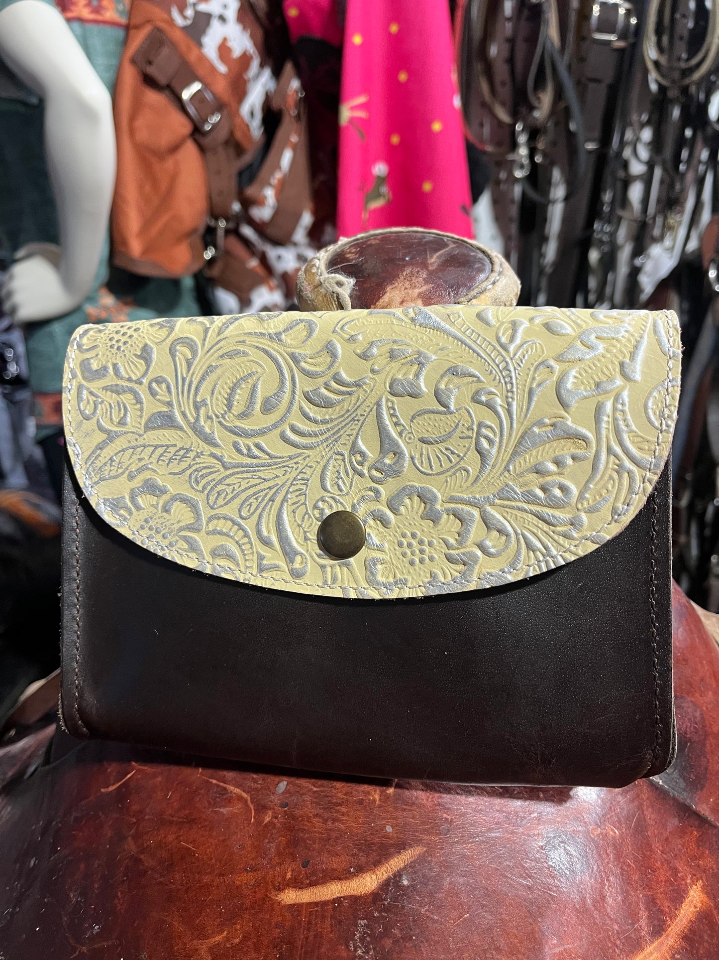 White embossed leather pommel pouch