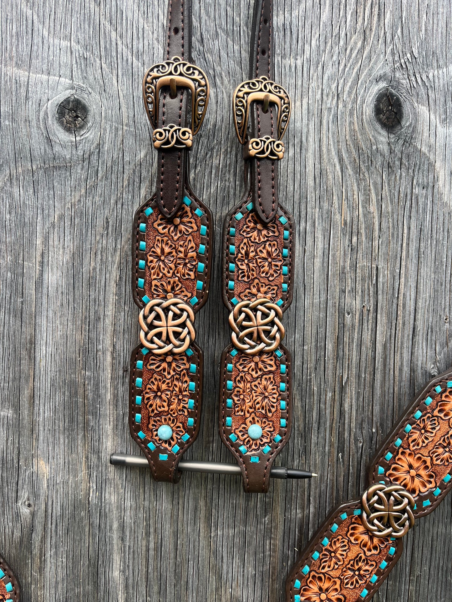 Teal buckstitch copper knot tack set