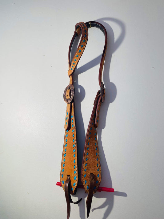 Light oil headstall with turquoise buckstitch trim