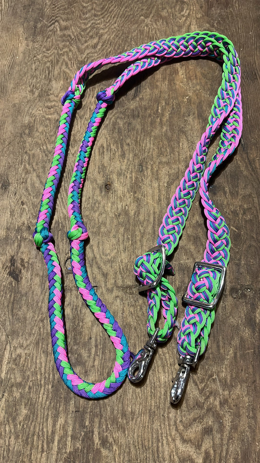 Lime purple pink turquoise adjustable braided barrel reins with snaps
