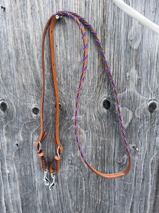 Purple laced adjustable barrel reins 7’10 at longest point with 6 holes/ side to adjust