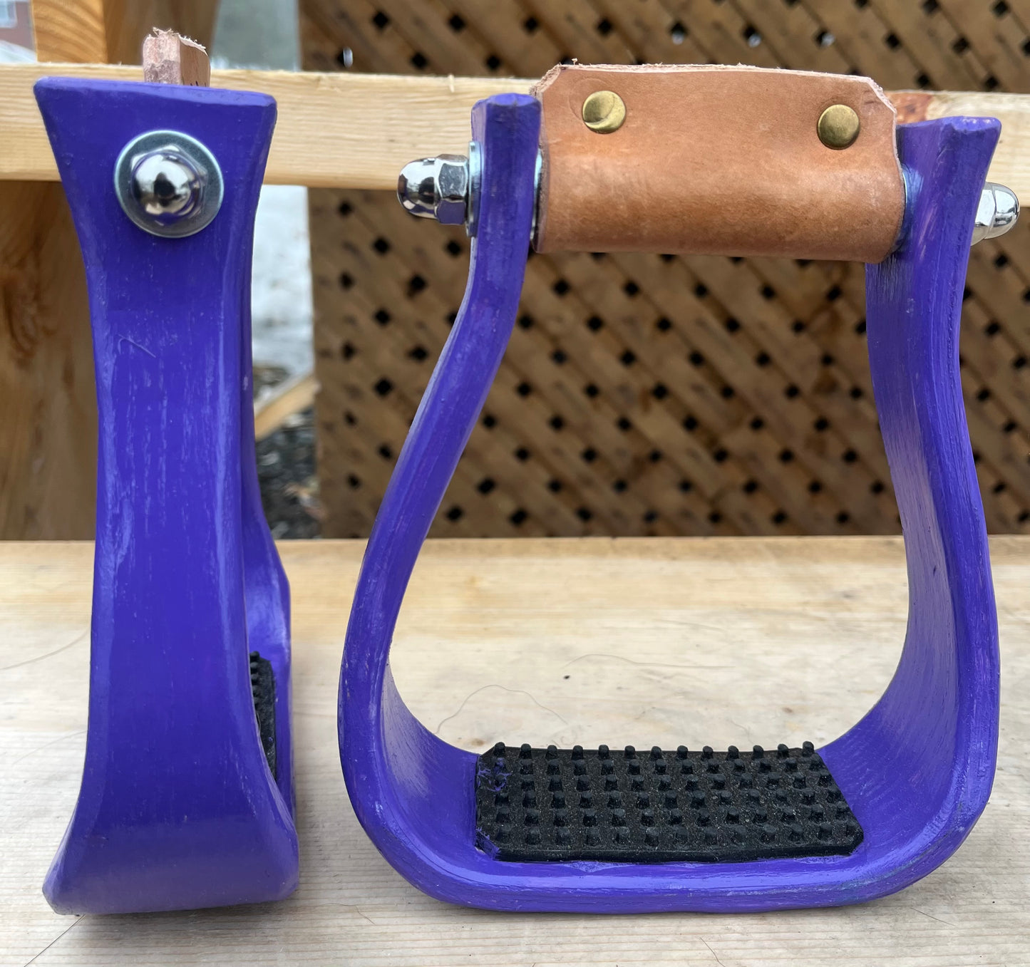 Purple wooden barrel stirrups