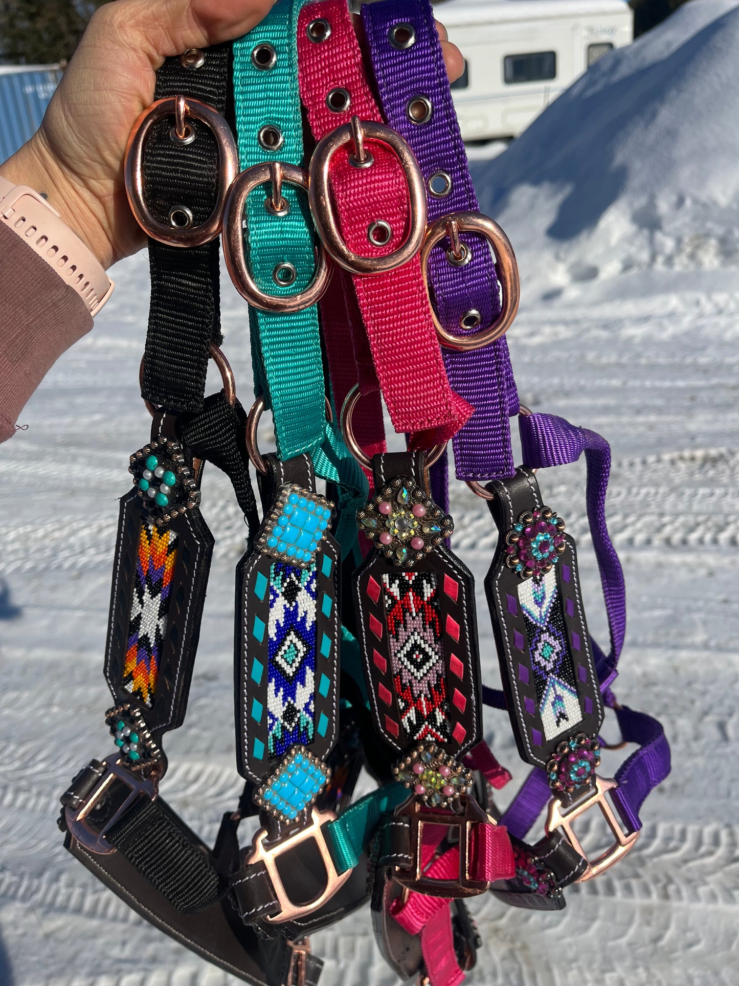 Beaded Bronc noseband halters with matching cheeks