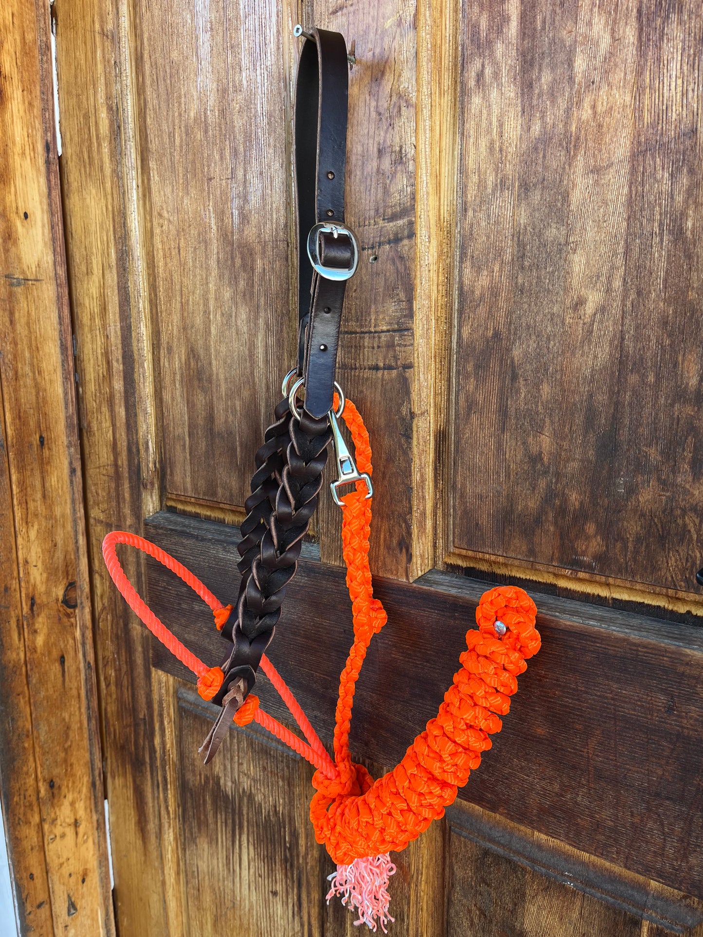 Braided leather with lariat nose and orange Muletape halter set